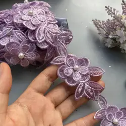 1 yards viola perla fiore foglia fatta a mano in rilievo ricamato bordo in pizzo Trim nastro Applique abito da sposa cucito mestiere fai da te caldo