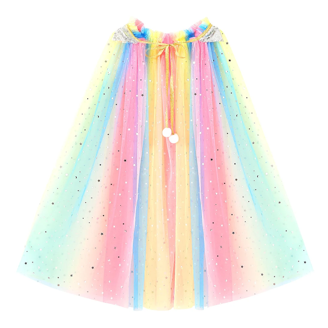 Girl\'s New Sequin Star Rainbow Color Blocked Halloween Christmas Fashion Princess Shawl with Long Mesh Cape On Top