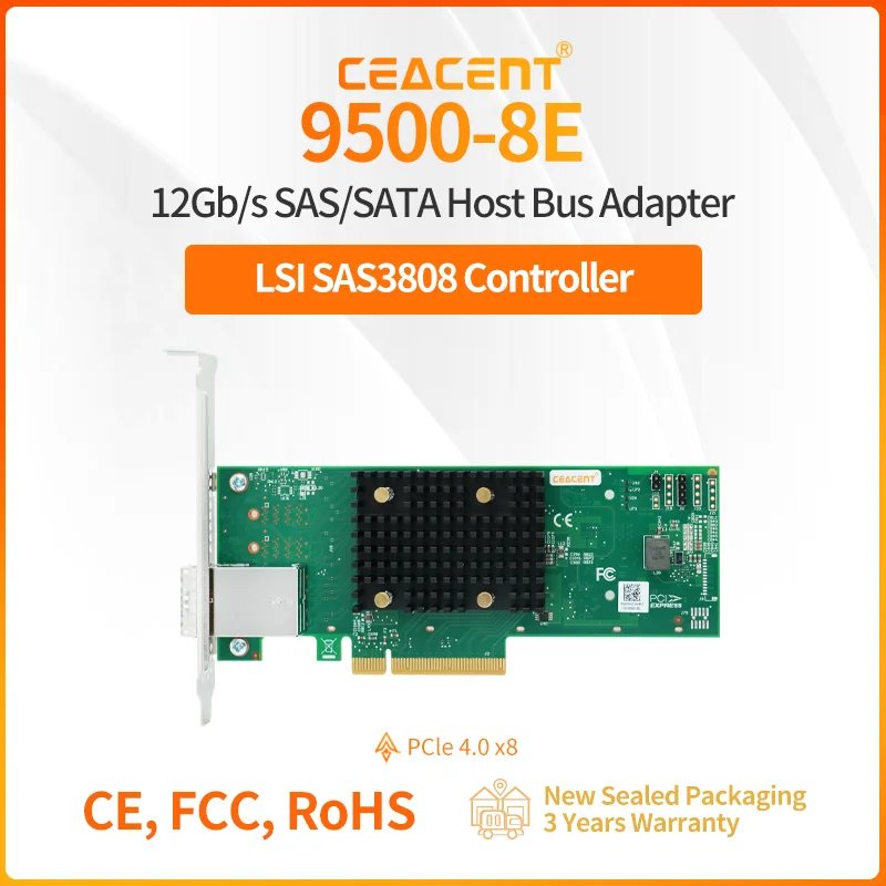 

HBA 9500-8e LSI SAS3808 12Gb/s SAS/SATA/NVMe Storage Controller PCIe 4.0 x8 Two x4 SFF-8644 External Interface