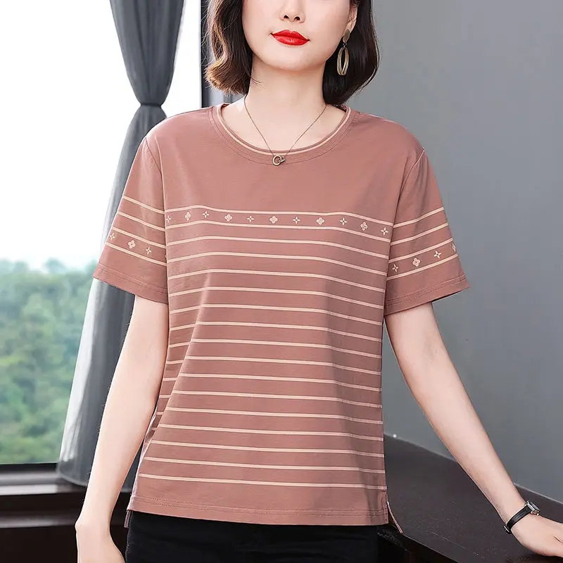 Women\'s Fashion Simple Striped Print Short Sleeve Basic T-shirts 2024 New Summer Casual O Neck Loose Pullover Tops Ropa De Mujer