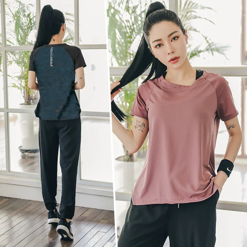 Yoga Wear 2pcs Set Comfortable Loose Stretch Pockets Breathable Sports Fitness Running Wear Short Sleeve Sets for Women