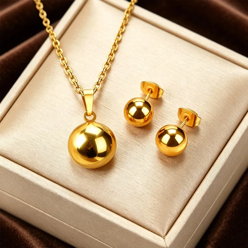 3pcs/set Necklace and Stud Earrings Jewelry Set Stainless Steel Minimalist Trendy Simple Round Pendant Jewelry for Daily Wear