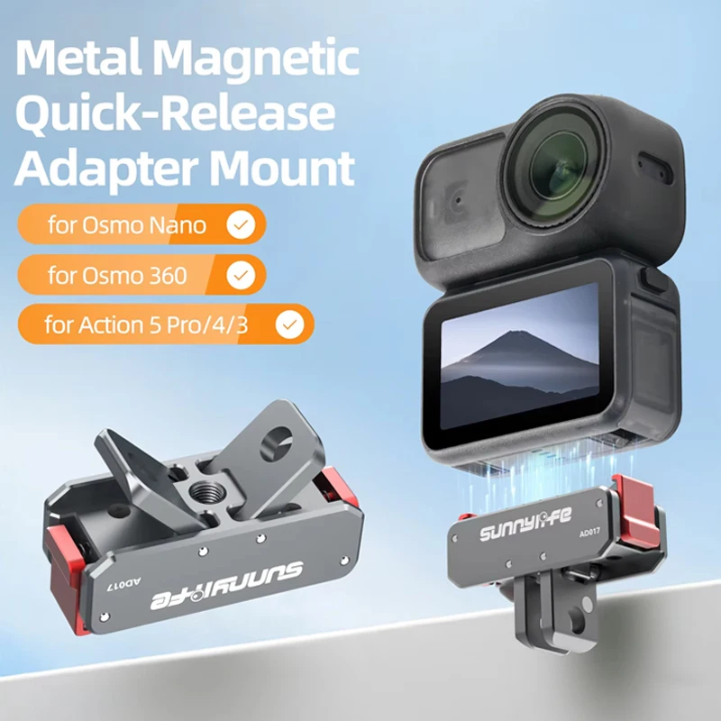 Adaptador magnético de liberação rápida de metal para dji osmo nano/360/action 5pro/4/3, montagem dobrável, acessório de extensão de tripé para capacete de bicicleta