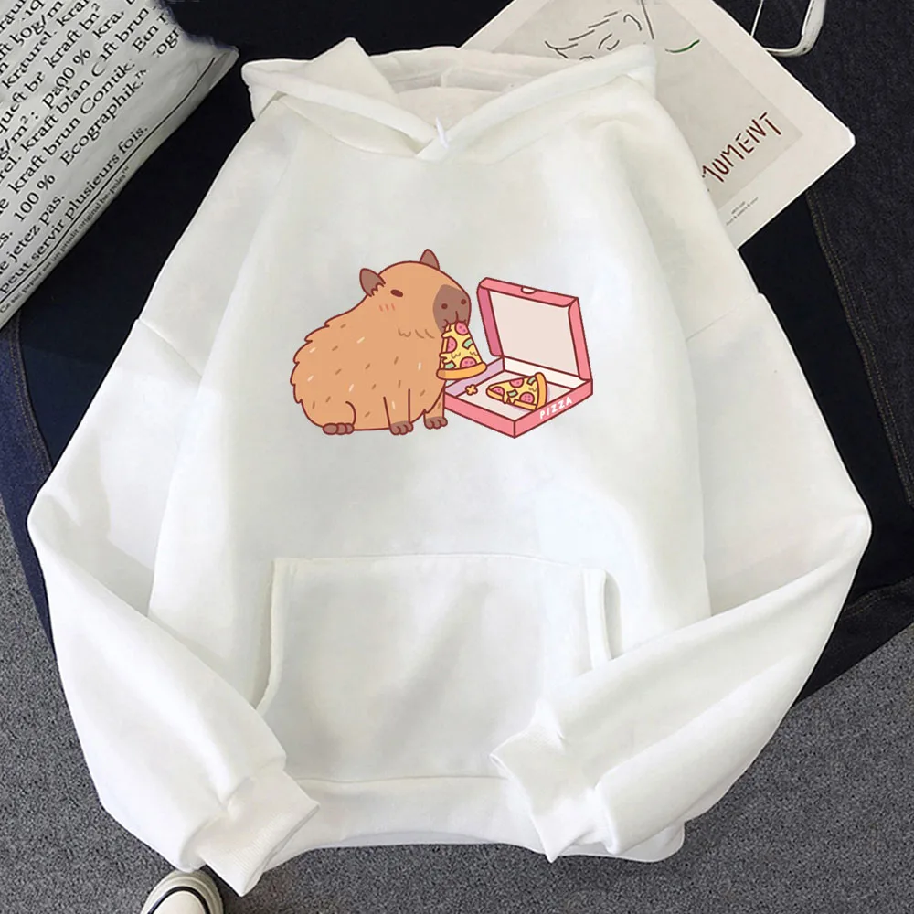 Cartoon Print Harajuku Kawaii Hoodie Anime Print Cute Capybara Eating Pizza Sweatshirt Funko Pop Fleece Clothing Retro Pullovers