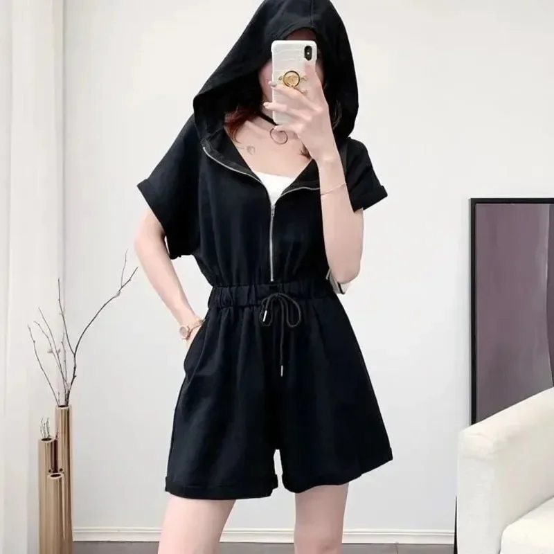 Women's Casual Jumpsuit Wide Leg Shorts Korean Hooded Short Sleeve Playsuits 2025 Summer New One Piece Outfit For Women Clothing