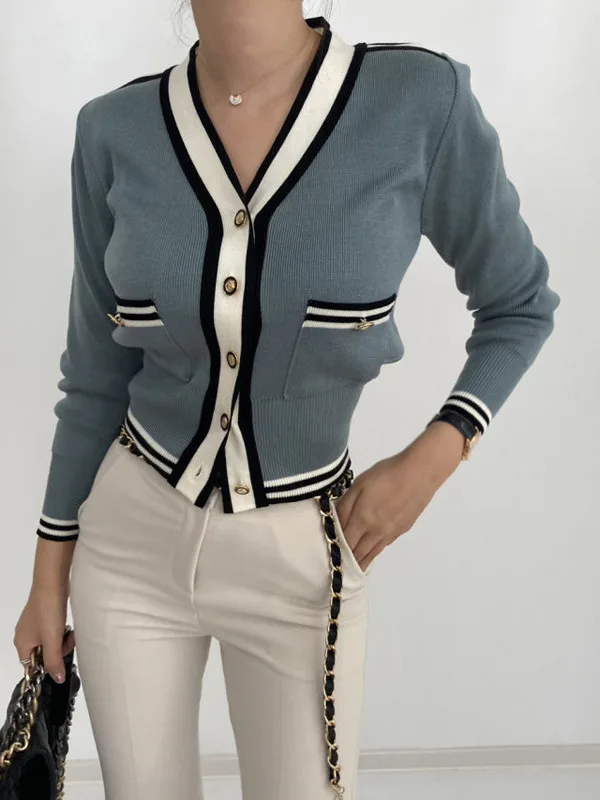 Retro Chic V-Neck Splice Knitted Long Sleeve Sweater with Metal Button Autumn Winter Elegant Cardigan for Women