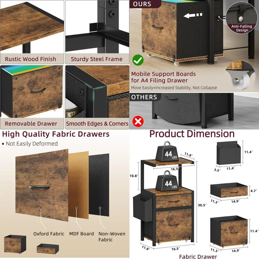 

Rustic Brown 2-Drawer File Cabinet with Printer Stand and Side Storage for A4/Letter Documents