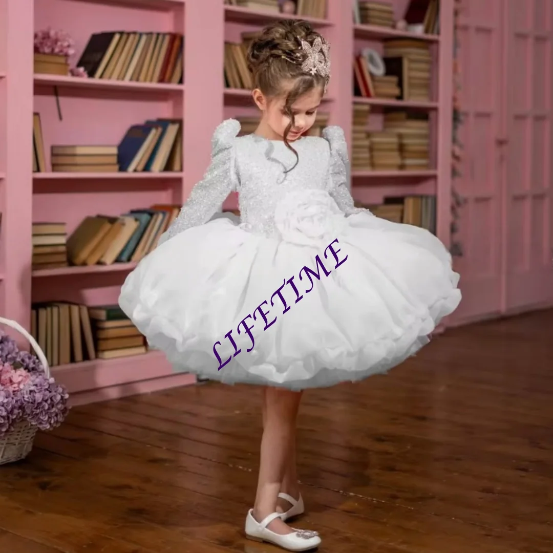 فستان فتاة الزهور اللامع الوردي المخصص مطرز على شكل حرف a طول الركبة وأكمام طويلة فستان زهور ثلاثي الأبعاد لحفلات الزفاف الأولى بالتواصل