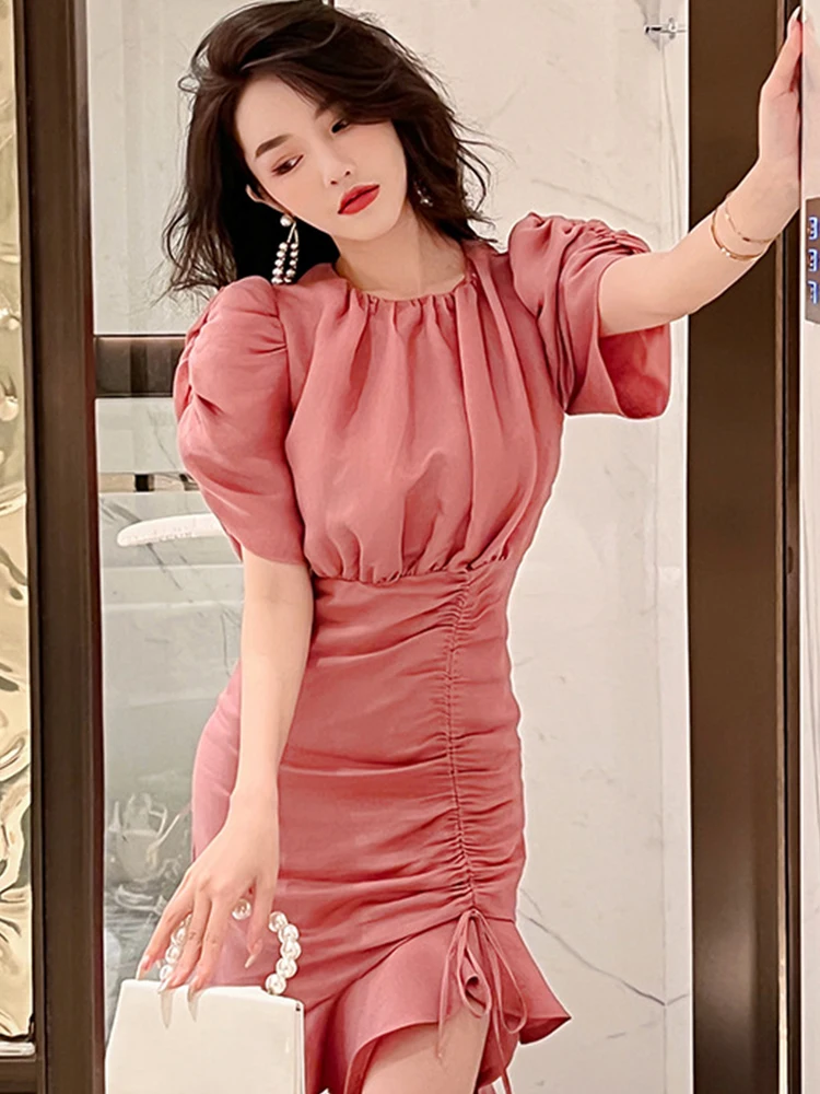 Summer Midi Dresses for Women 2023 Elegant Gentle Pink Korean Satin Puff Sleeve Drawstring Ruffles Robe Party Vestidos Mujer