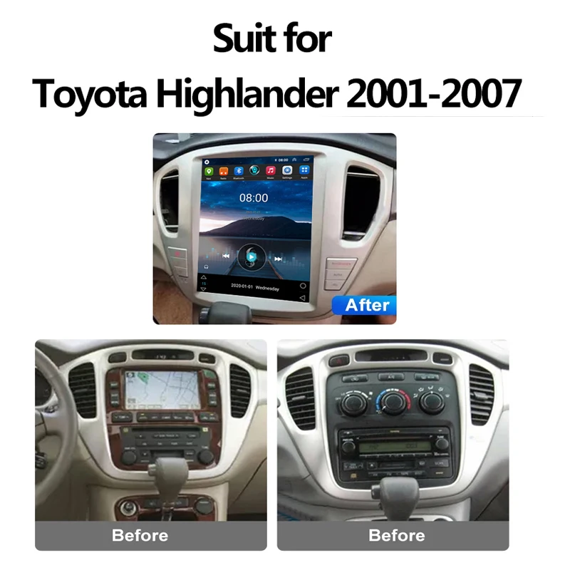 Autoradio avec écran vertical de 12.1 pouces, Android 12.0, navigation GPS, pour Toyota Kluger Highlander (2001-2007)