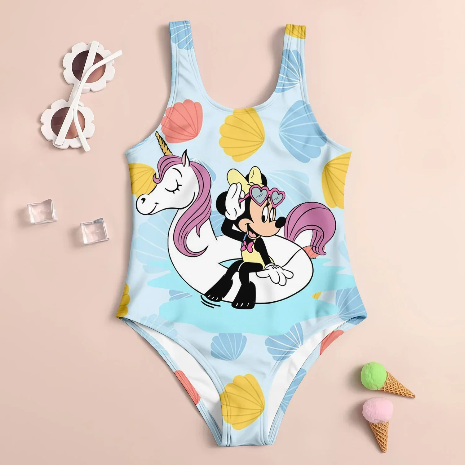 MINISO Disney bañador de Mickey Mouse para niña, traje de baño con estampado de dibujos animados en 3D, bonito bañador de arena, ropa de moda para niños