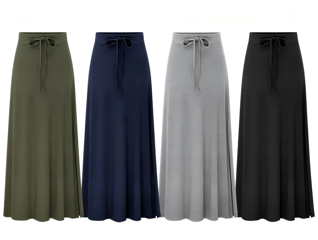 Women Plus Size Soft Knit Long Skirt, High Waist Drawstring Split Elastic Slim A-line Skirt