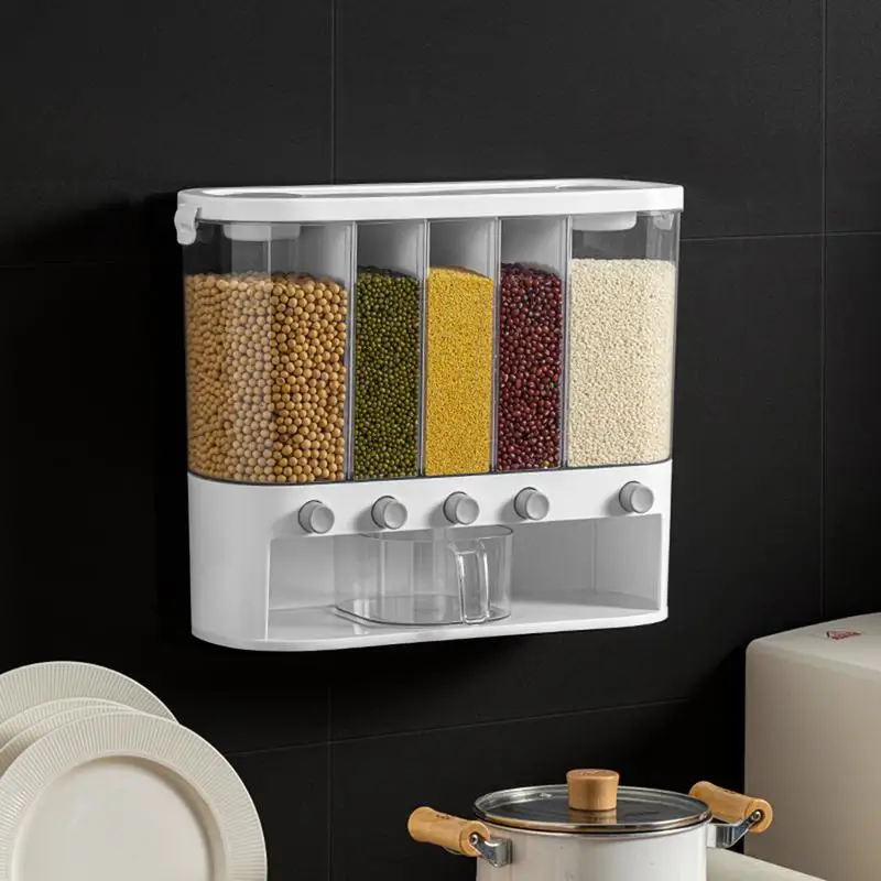 Rice Dispenser 5-Grid Airtight Cereal Dispenser Countertop 12L Dry Food Storage Container For Soybean Grains Flour Wall-Mounted