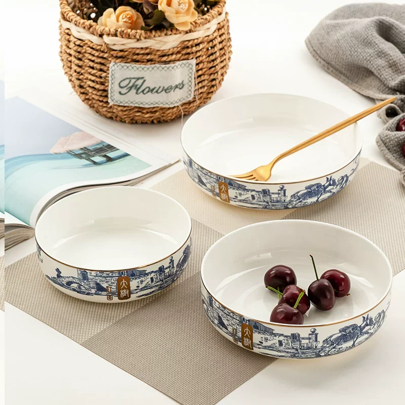 3pcs set, 6+7+8inch, bone china pasta dish set, Chinese painting design, porcelain aesthetic plates, serving plate salad dish