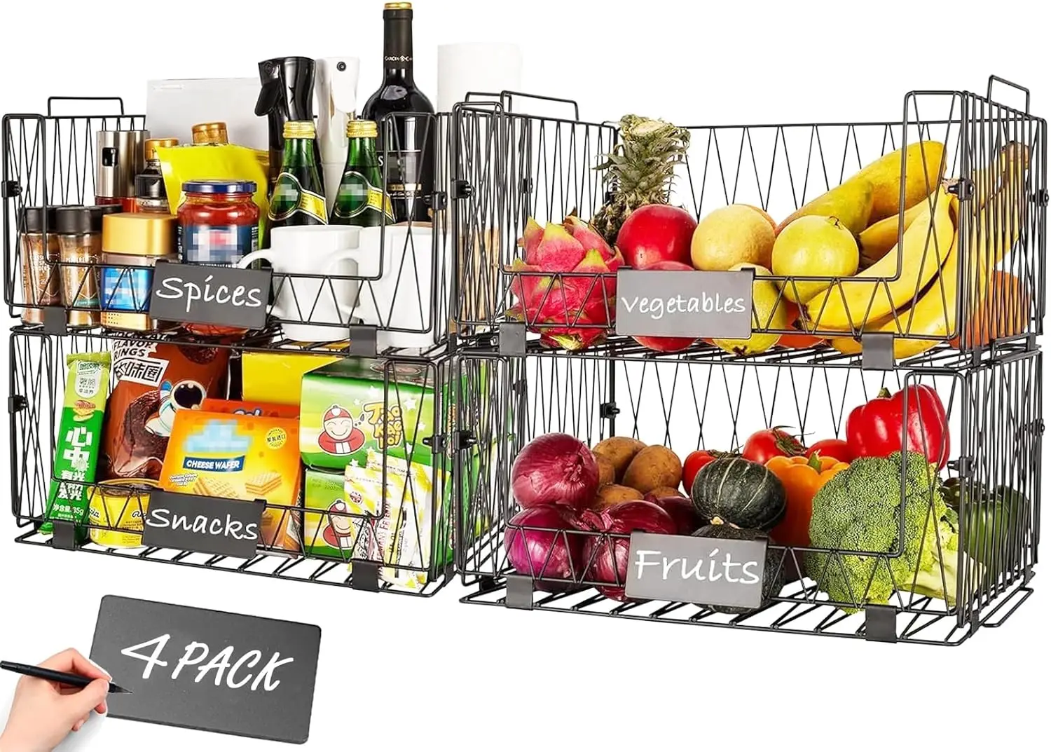 4 PACKS XXL Kitchen Organization and Storage Pantry Baskets, Fruit & Vegetable Basket for Kitchen Cabinet,Stackable Wire Baskets