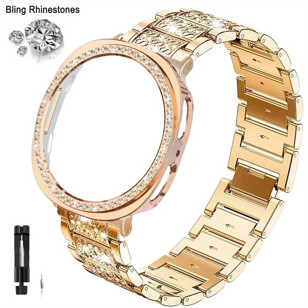 Cinturino per orologio in metallo con strass + custodia protettiva in policarbonato per Samsung Galaxy Watch 8 44mm 40mm, cinturino per Galaxy Watch 9 40 44mm, modello Business.