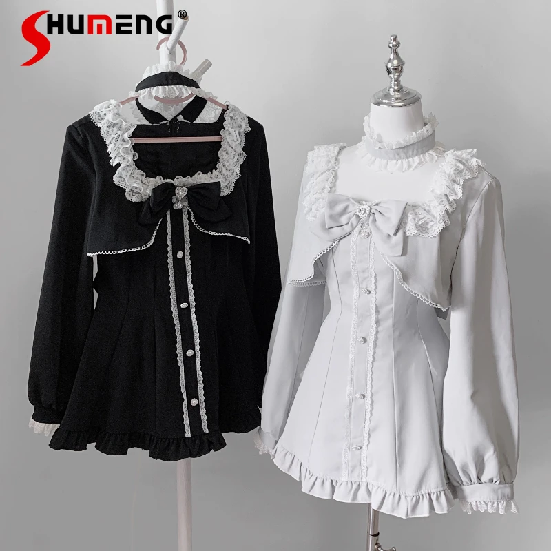 

2025 Autumn New Japanese Style Rojita SC Set With Lace Collar Single-Breasted Long Sleeves Bow Top Dress And Shorts 2-Piece Suit