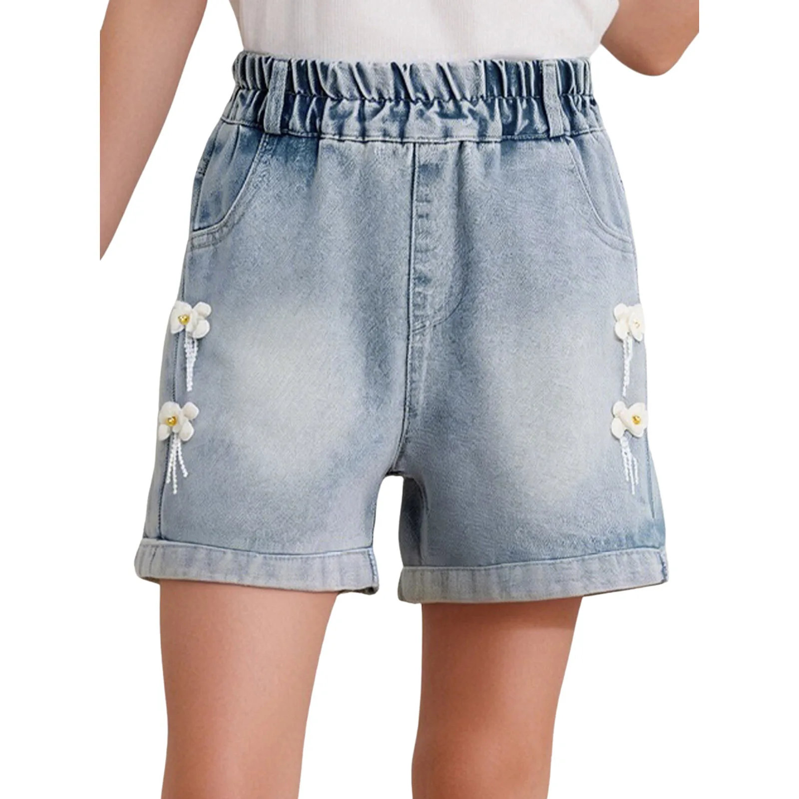 

Blue Kids Girls Denim Shorts Cute Bowknots Elastic Waistband Shorts Pants for Holiday Vacation Beach Picnic Park Casual Clothes