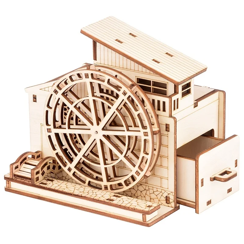 DIY Waterwheel House Music Box Wooden Antique Carved Clockwork Type for Birthday Christmas Party Gifts Family Decoration