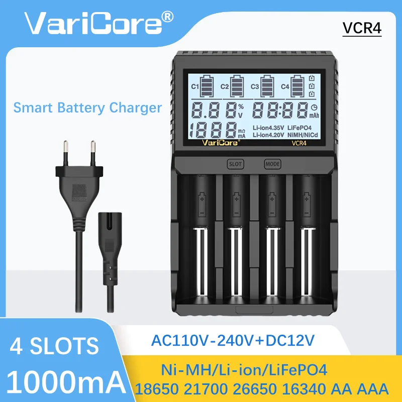 Многофункциональное зарядное устройство с ЖК-дисплеем VariCore VCR4, совместимое с литий-ионным Ni-MH аккумулятором 3,7 В, 3,2 В 18650 21700 26650 AA AAA Емкость TEST Многофункциональное зарядное устройство с ЖК-дисплеем VariCore VCR4, совместимое с литий-ионным Ni-MH аккумулятором 3,7 В, 3,2 В 18650 21700 26650 AA AAA Емкость TEST