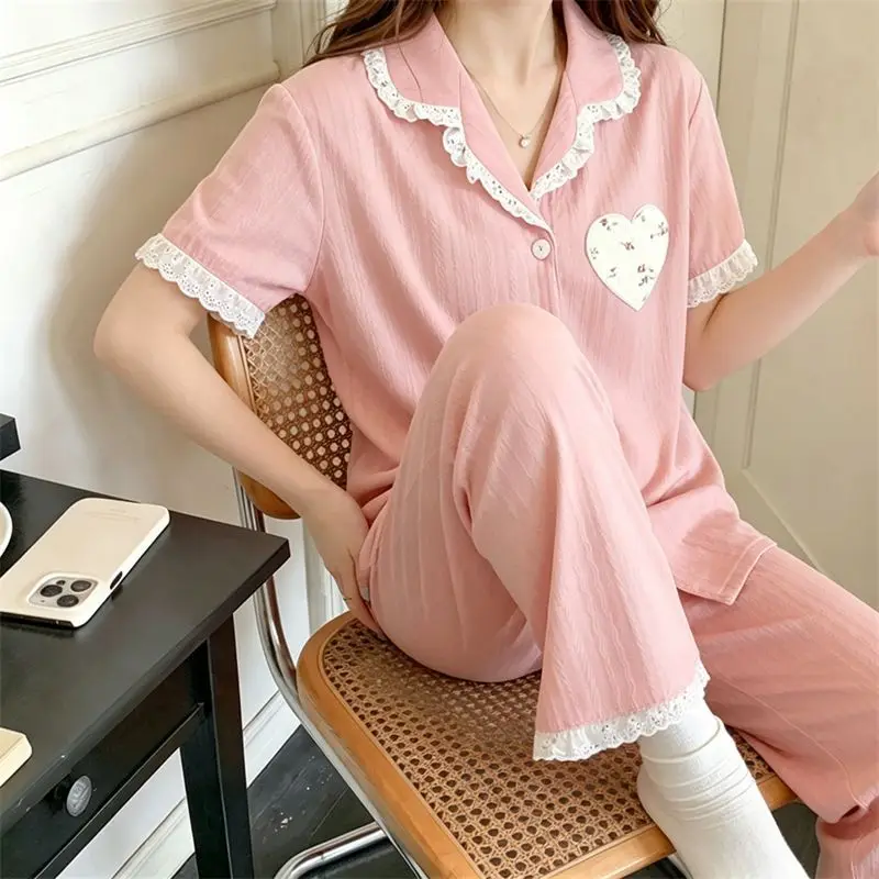 Women's Pajama Set Short Sleeve Long Pants Lace Trim Button Down Sleepwear Nightwear Loungewear Two Piece Homewear Heart Print