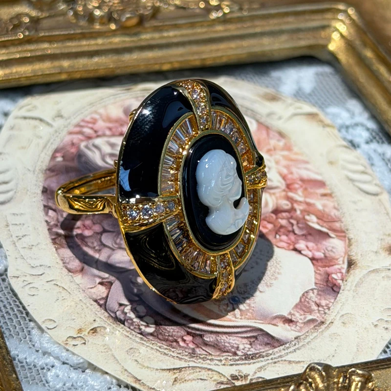 

Vintage Zircon Cameo Rings Jewelry Black Gold Color Enamel For Woman Beauty Head Adjustable Unique Luxury Designer Wedding 2026