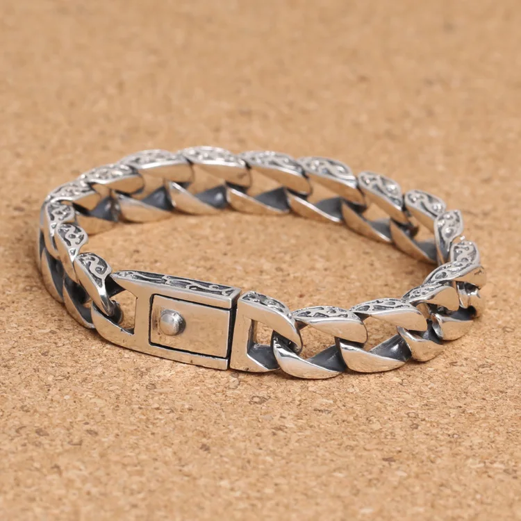 

S925 sterling silver personality ornament vintage Thai silver men's tank ring buckle bracelet