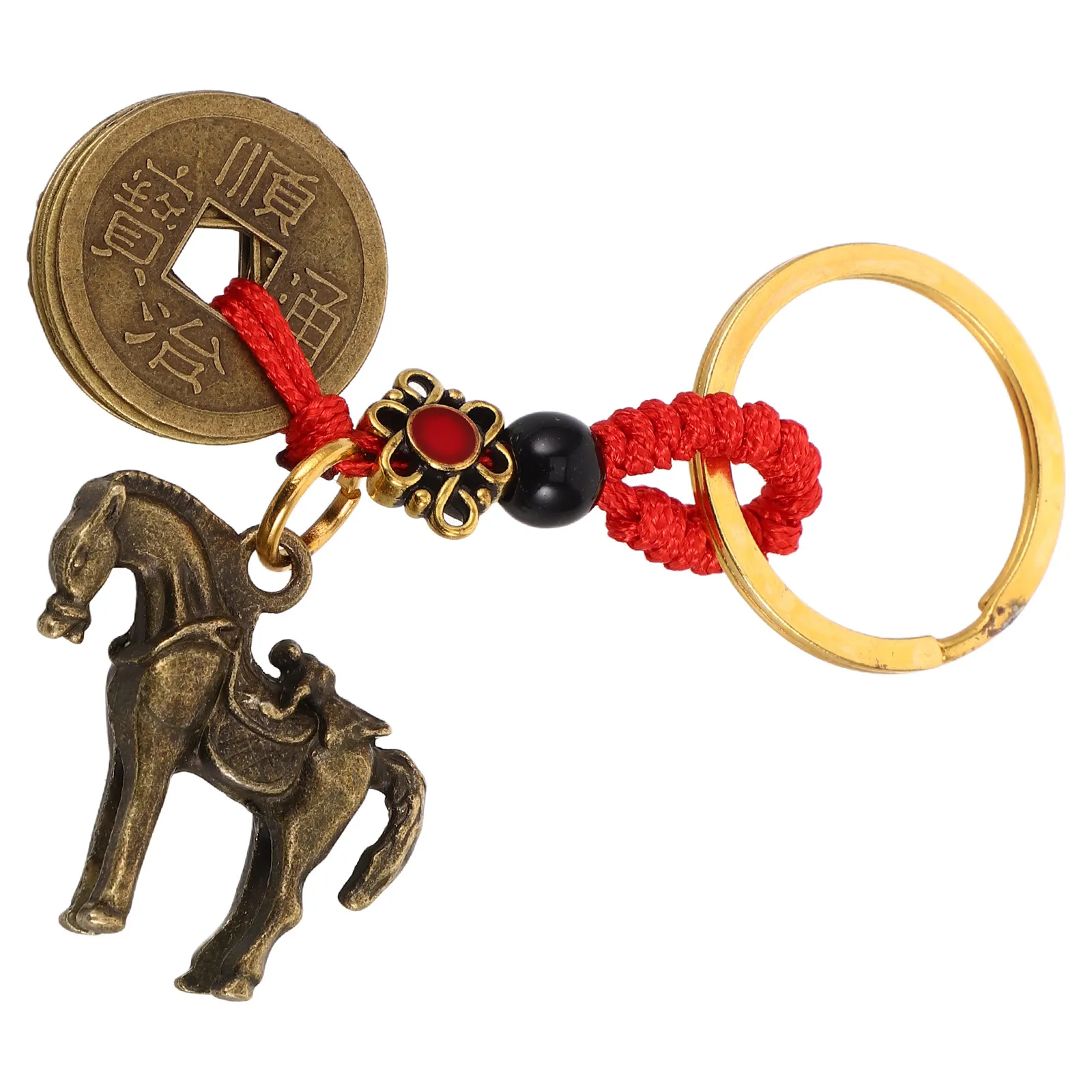 

Brass Car Pendant Detailed Horse Design Five Emperor Coins Feng Shui Lucky Charm for Rearview Mirror Hanging Accessories