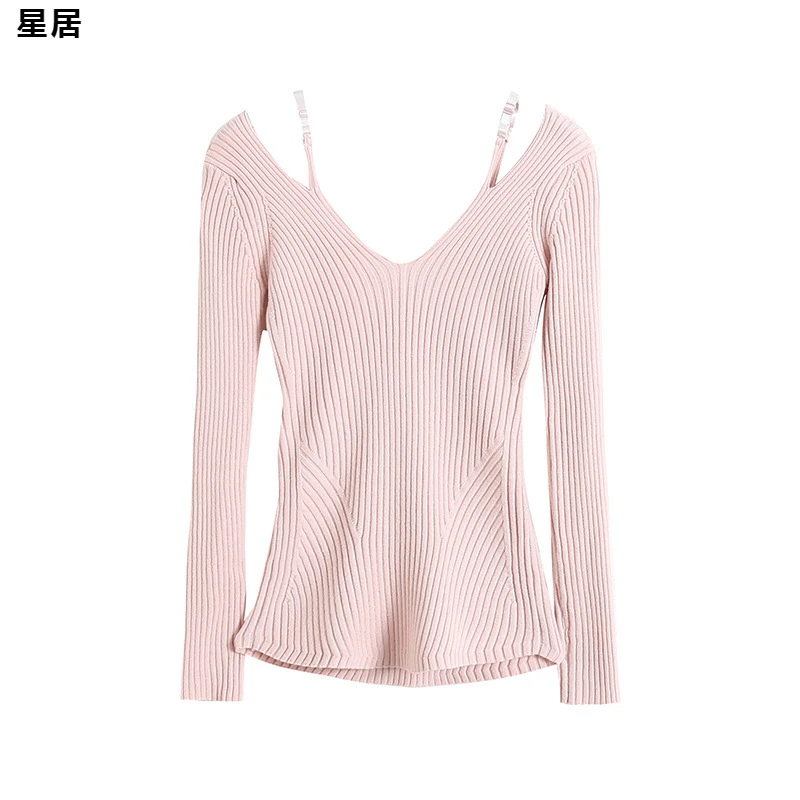 Kpop Korean 2024 New Sexy Sling Sweater Women V-Neck Pullover Hollow Knit Tops Festival Wear Stage Costume Performance Clothes