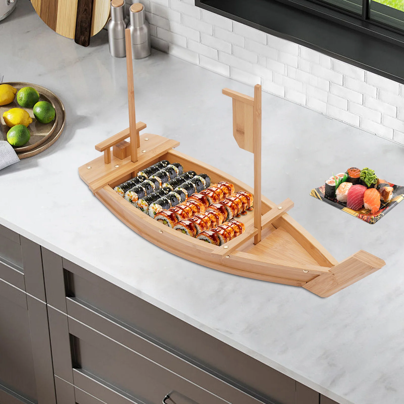 

Luxury Bamboo&Metal Boat-Shaped Sushi Serving Tray with Dry Ice Smoke Effect,Spacious 13.8"x8.3" Display for Restaurants,Parties