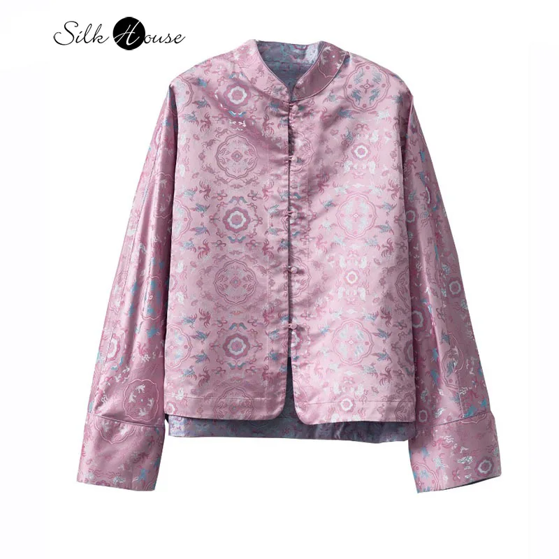 

Double Sided Chinese Style Heavyweight 100% Natural Mulberry Silk Song Brocade Jacquard Stand Up Collar Long Sleeved Cardigan