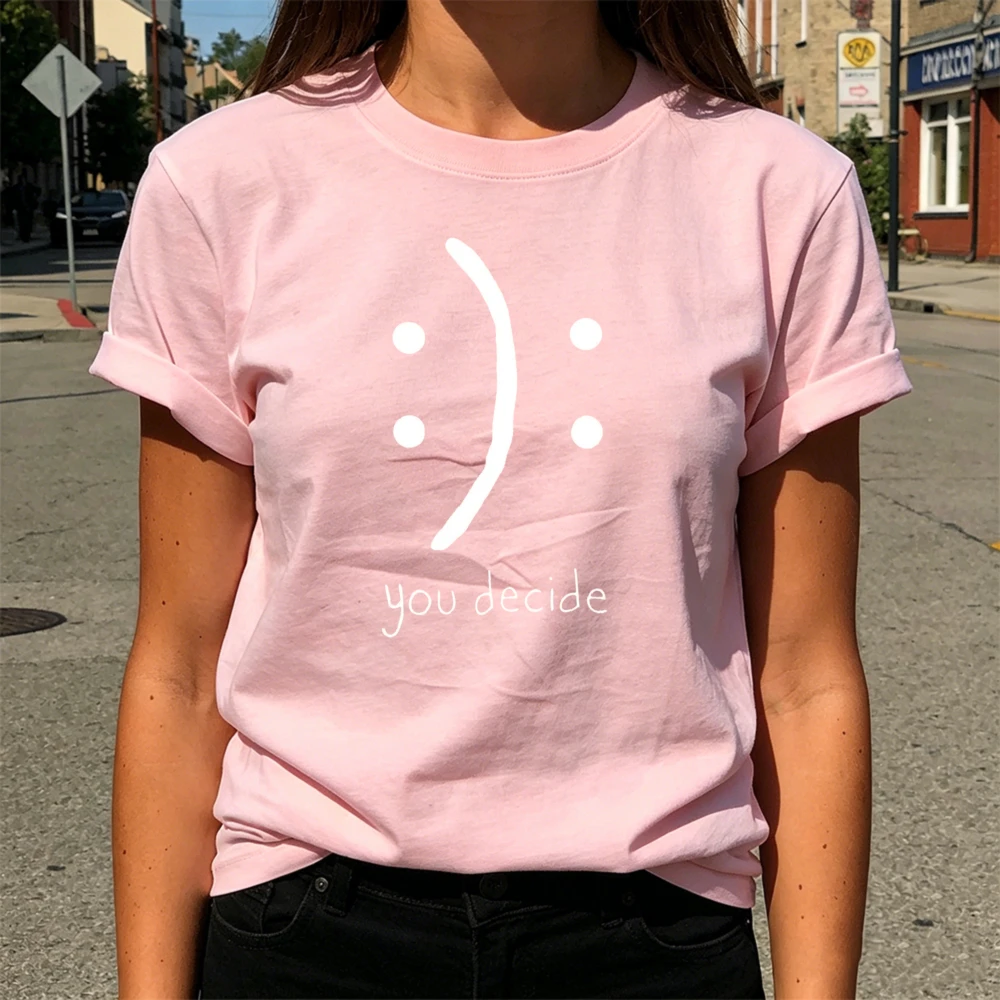 Minimalist You Decide Smiling Face Graphic T Shirt Simple White Line Slogan Print Short Sleeve Tee Trendy Aesthetic Streetwear