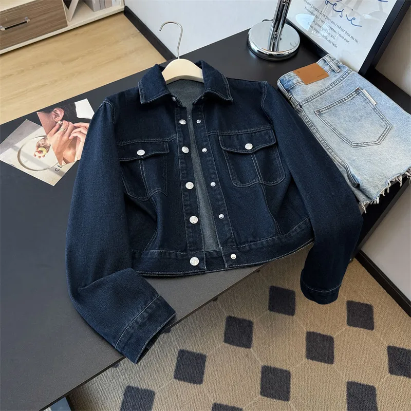 

Винтажная темно-синяя повседневная короткая джинсовая куртка женская весна-осень новая джинсовая куртка с отложным воротником и длинными рукавами пальто Chaqueta Mujer