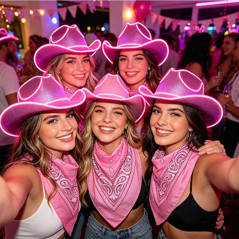1Set Light Up Cowboy Hat with Scarf Luminous Cowgirl Hats for Wedding Bachelorette Party Western Party Birthday Photo Pros
