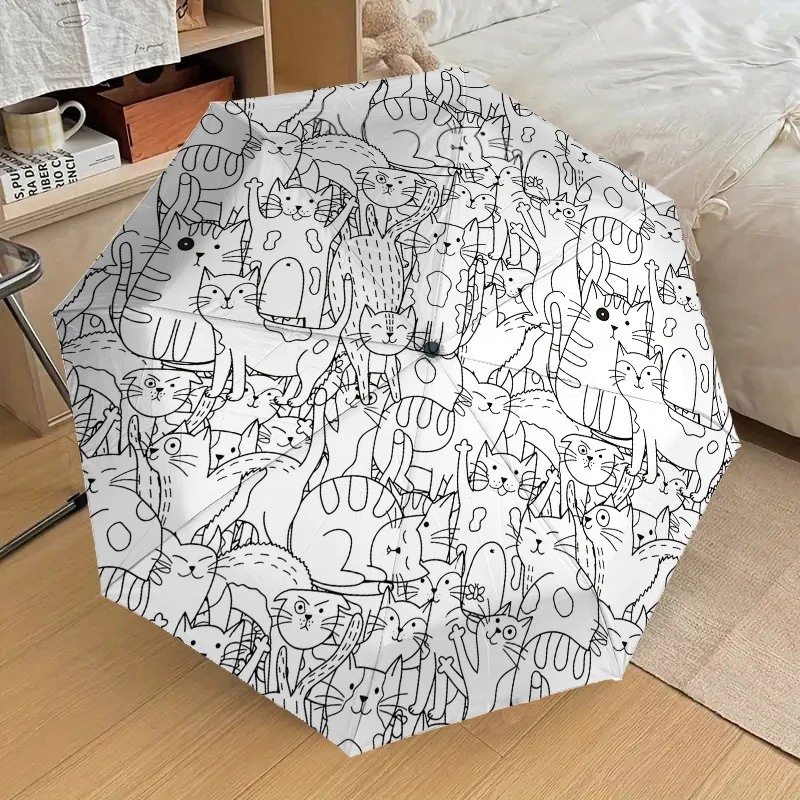 

Зонт с рисунком кота, 8-спицевая рама, пластиковая ручка, автоматическое открытие, компактный дорожный аксессуар, легкий и прочный