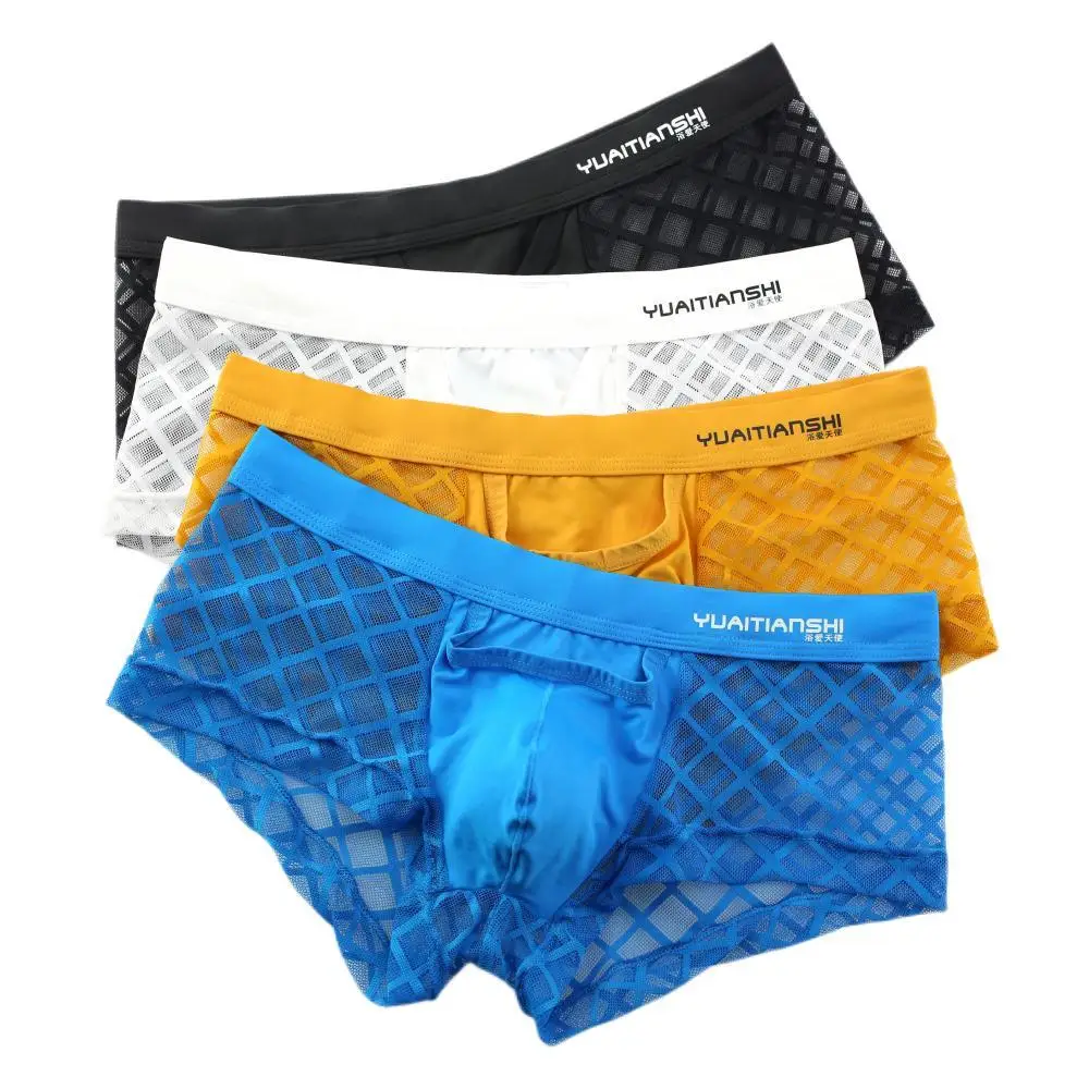 Sexy Mens Mesh Underwear Lace Underpants Transparent Fishnet Boxers Briefs Low Waist Male Panties Lingerie Boxer for Man