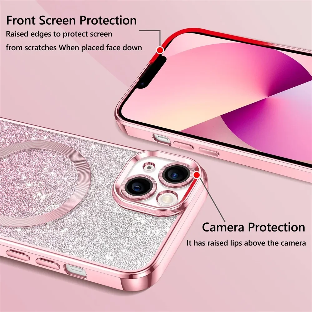 Luxury Shiny Case For iPhone 16 15 14 13 12 11 ProMax Plus Shockproof Soft Bumper Magsafe Stylish Magnetic Wireless Charge Cover