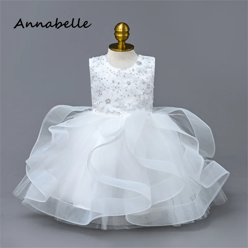 Annabelle Blumen mädchen Kleid geschwollene Spitze Blume Baby Hochzeit Bogen Kleid Priness Mädchen Bogen Geburtstags feier ärmelloses Kleid neu