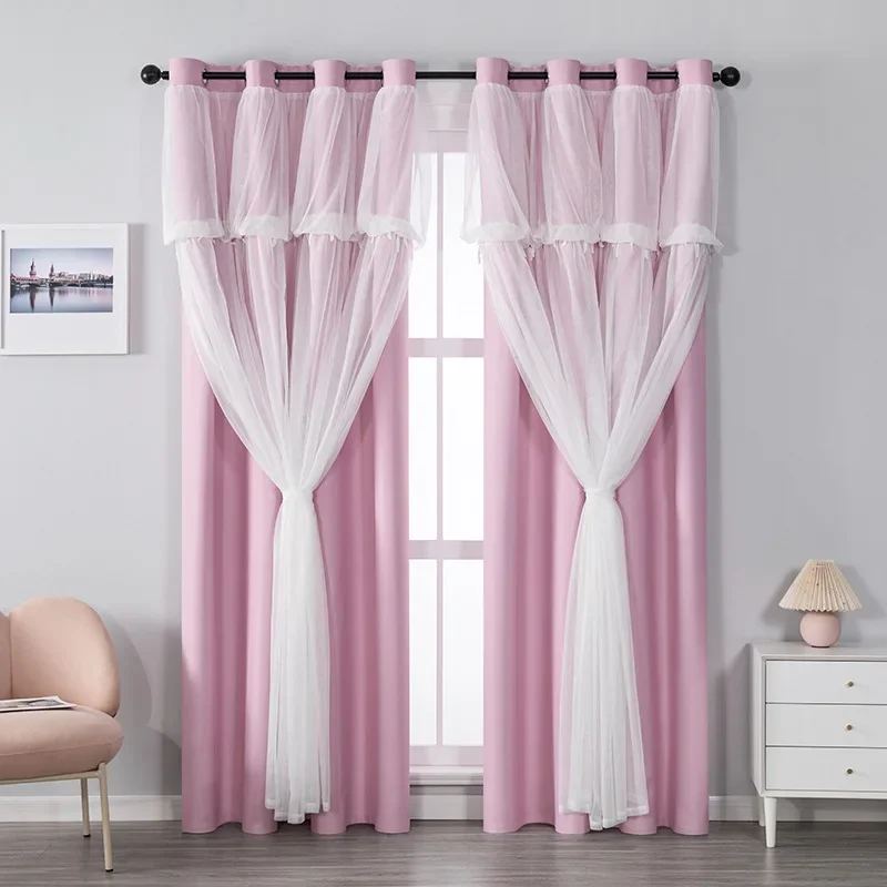 

Girl Solid Color Blackout Fabric Double Princess Light Luxury Curtains for Living Dining Room Bedroom Blackout Pink Curtains