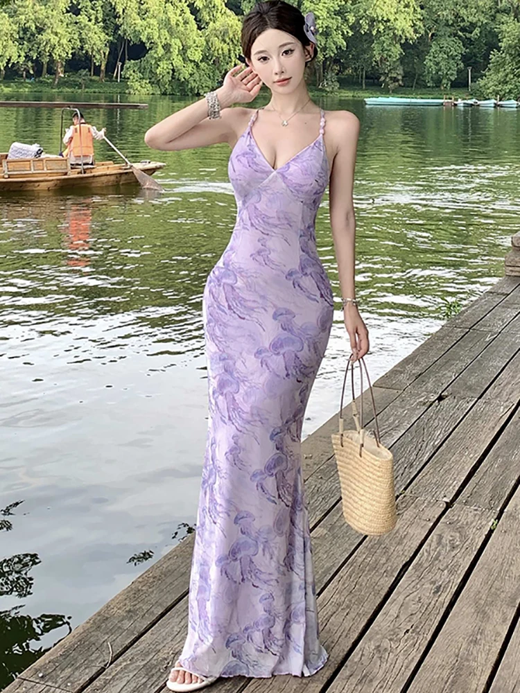 

Women Purple Mesh Print V-Neck Sexy Sling Long Dress Summer Elegant Casual Festival Dress 2025 Korean Bodycon One Piece Dresses
