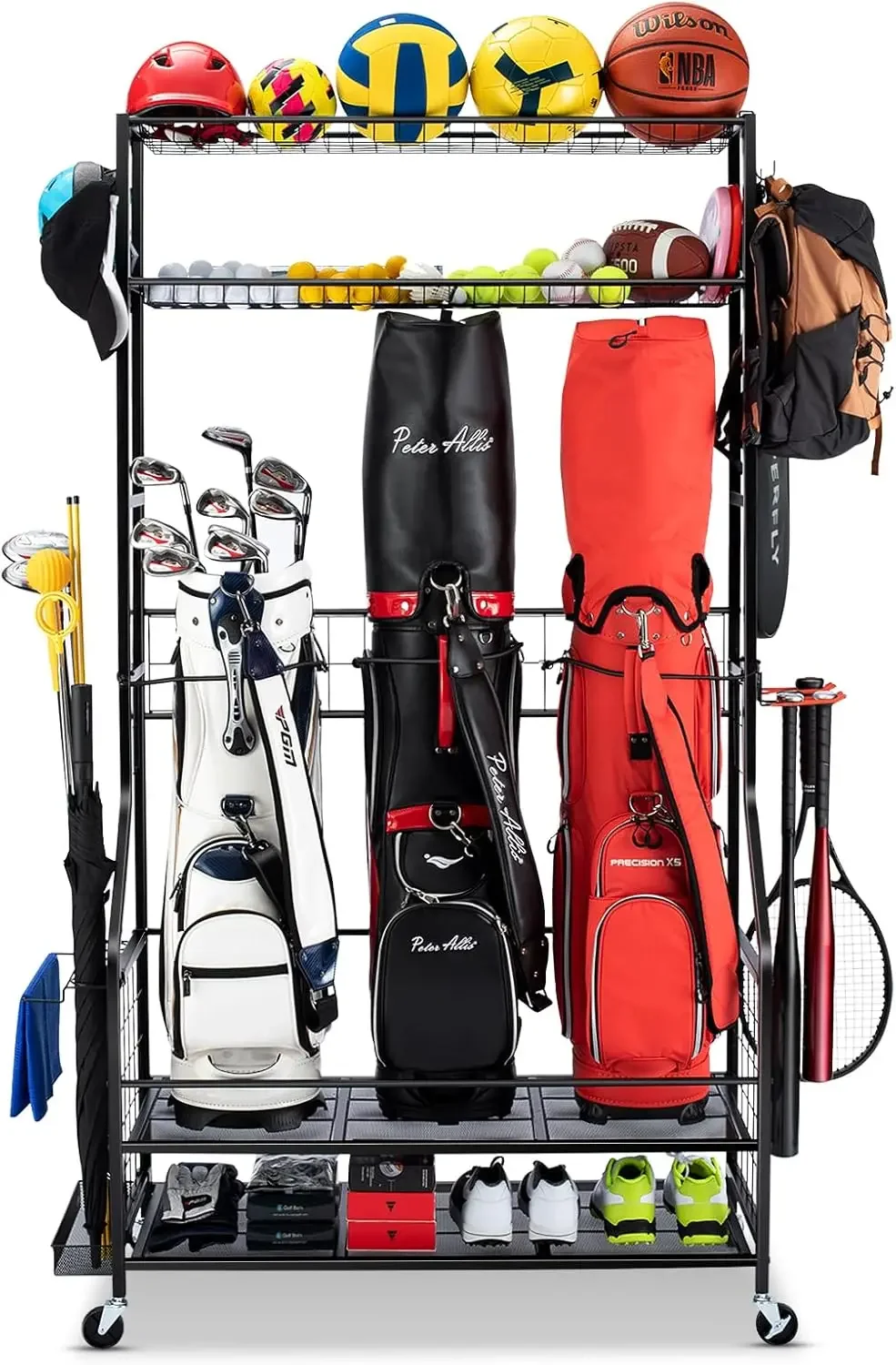 Storage Garage Organizer, 3 Golf Bag Stand and Sports Equipment Storage Rack for Garage with Wheels, 4 Hooks, Golf Acce