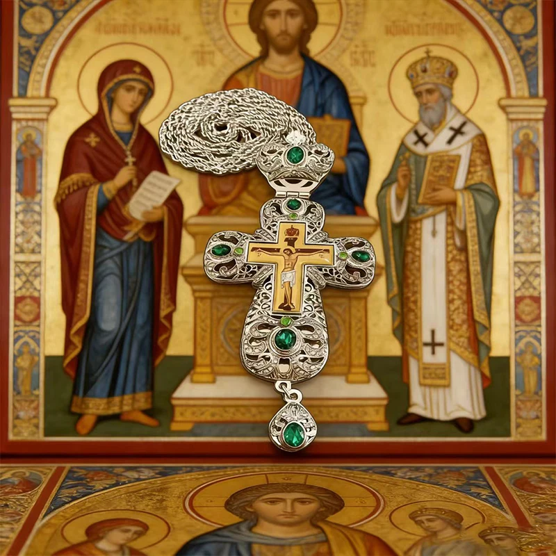 Neue 2026 Premium Zweifarbige Orthodoxe Kreuzkette mit Grünen Kristalldetails und Filigran-Verarbeitung für den täglichen spirituellen Gebrauch – Detail 4