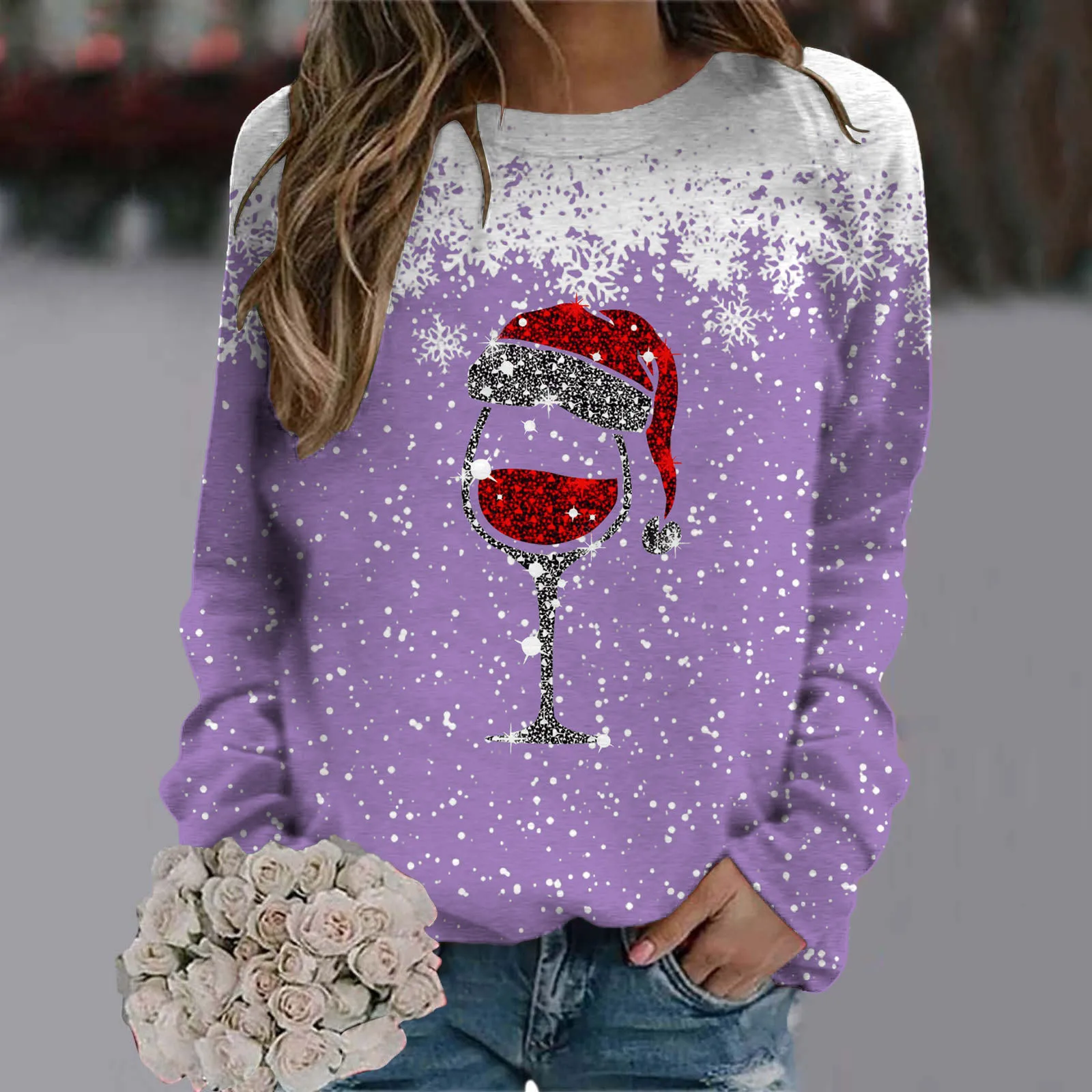 

Womens Christmas Snowflake Wine Glass Printed Round Neck Long Sleeve Sweatshirt Oversize Lovely Sweatshirt Female Clothes