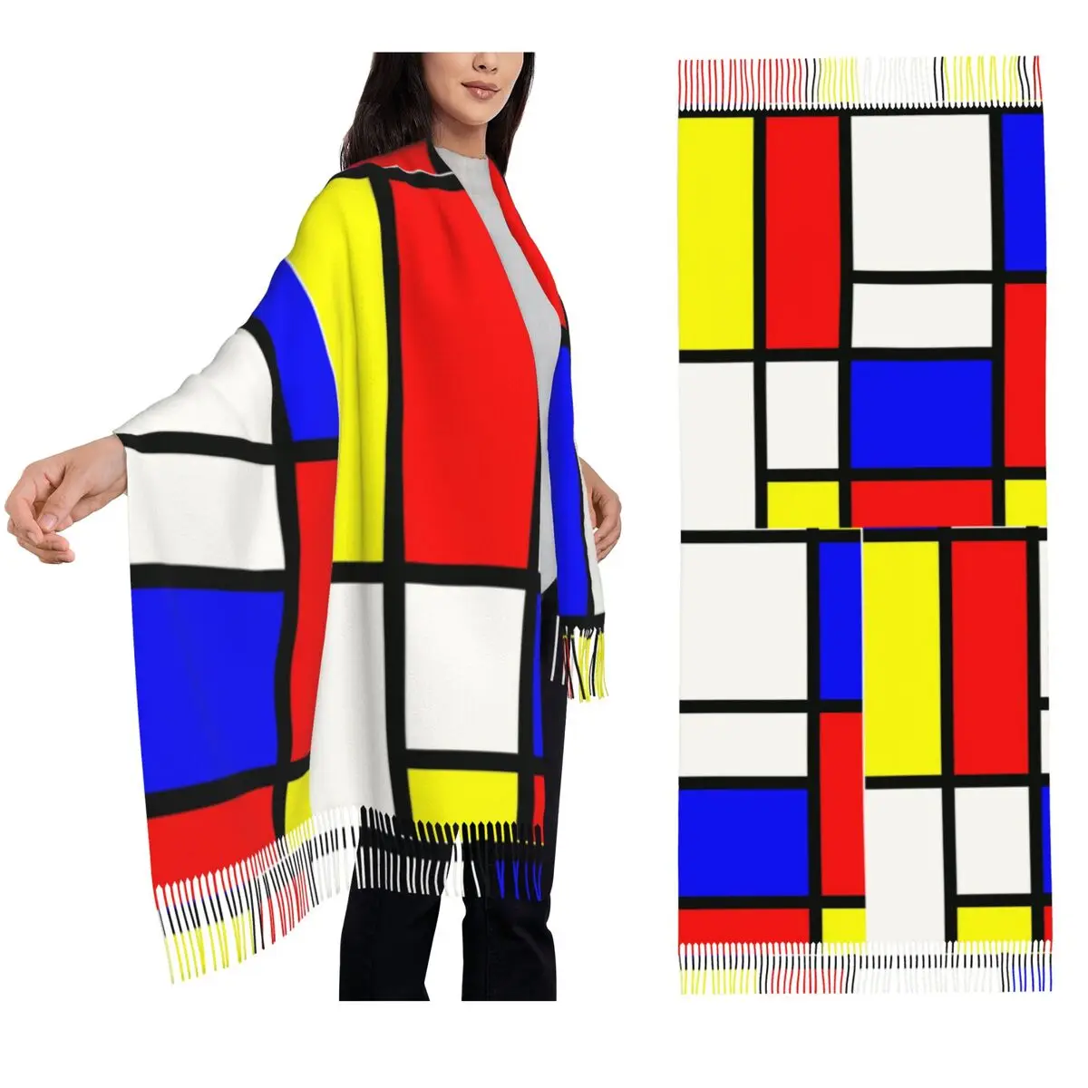 

Piet Mondrian Composition 2, шарф, шарфы с кисточками для женщин, мягкие теплые шали и накидки, большая осенне-зимняя шаль
