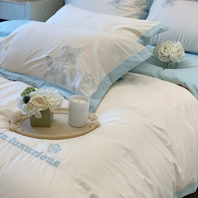 4Pcs High-end 180 Counts 100% Cotton Duvet Cover Long Staple Cotton Sheet Girly Style Quilt Cover Bedding 200X230 220X240