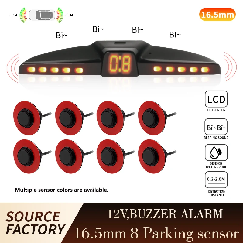 

Universal 8 Sensor Parking Radar System 16.5mm Probe LED Backlight Display 0.3-2.0M Detection Distance 12V for Vehicle Parking