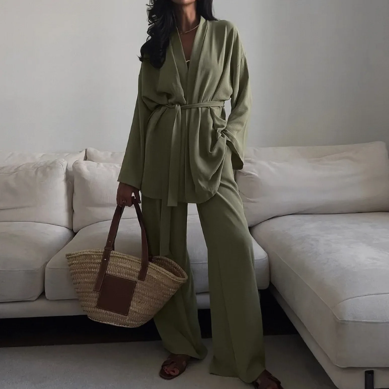 

Solid Two Piece Set Long Sleeve Belted Tie Waist Flowy Wide Leg Pants Loose Lightweight For Women Pajama Vacation 2026