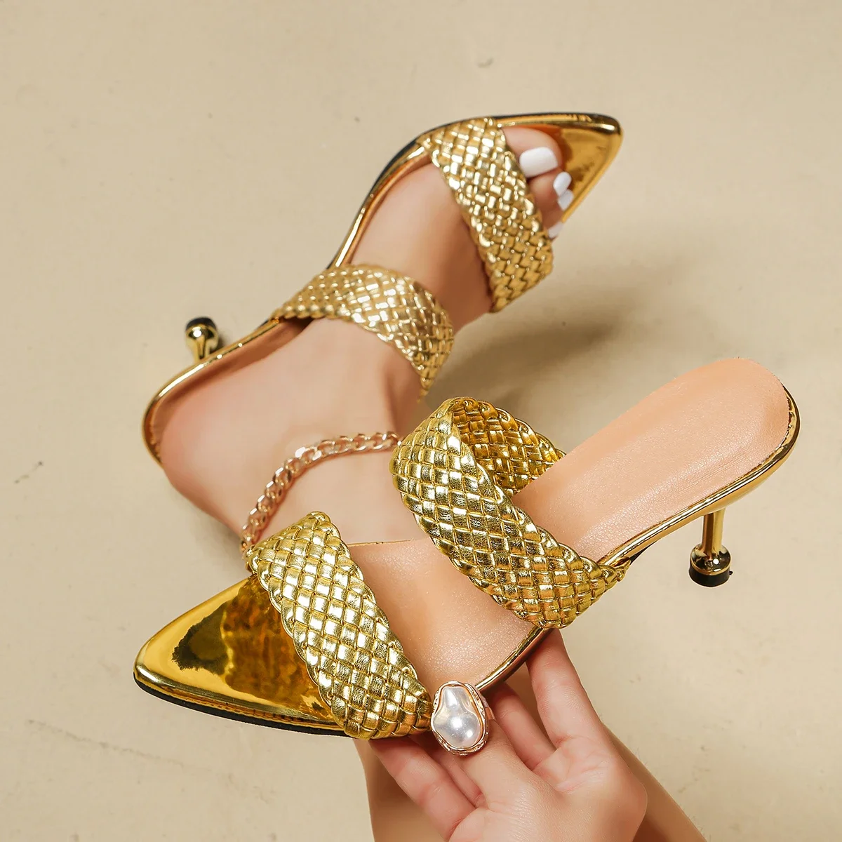 Women High Heel Sandals 2026 New Fashion Elegant Sandals Gold One-word Stiletto Heel Shoes Designer Medium Heel Shoes Women