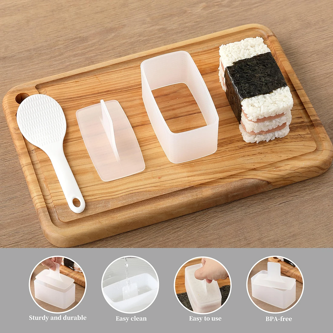 قالب ضغط Musubi ومجداف الأرز، قالب ضغط الأرز لصانع Musubi سهل الاستخدام في المنزل لـ Bento ووجبات الخفيفة والسوشي والحفلات والنزهة