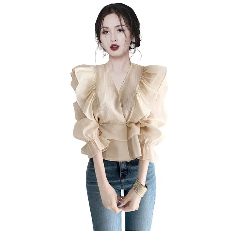 Women Clothing Summer New Long Sleeve Ruffles Printing Temperament Blouse Solid Lacing Elegant Short Shirt Tops Fashion Trend